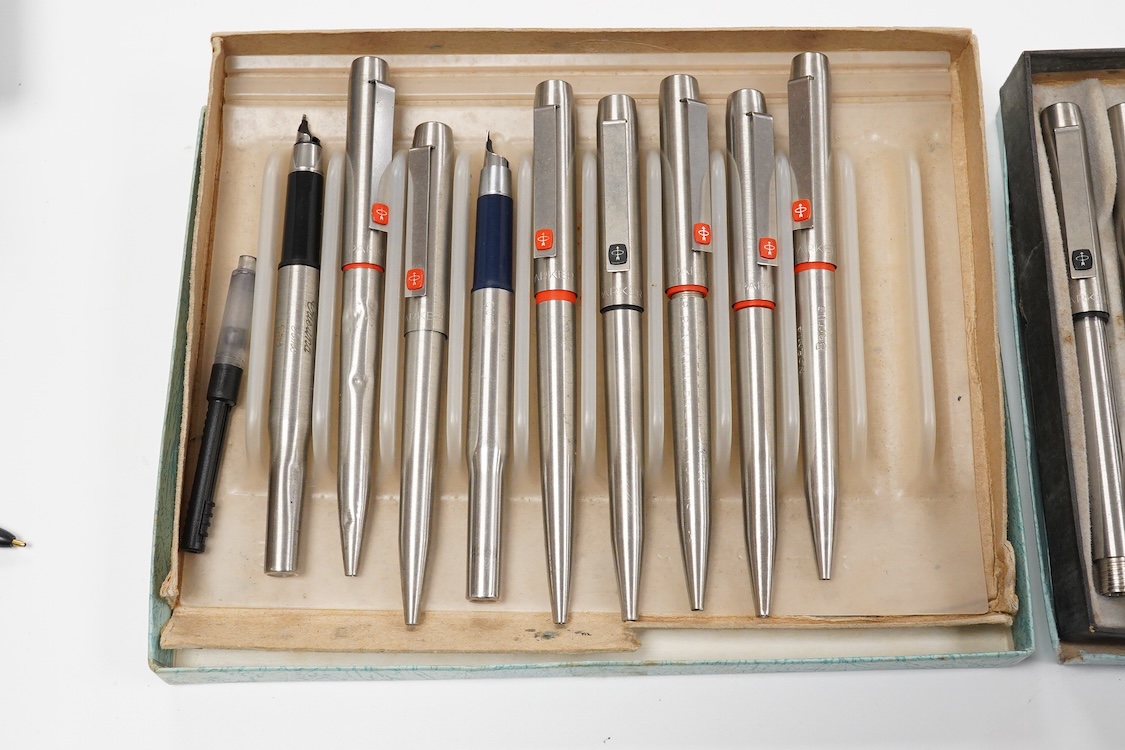A quantity of Parker 25 fountain pens and ballpen spares including rare orange parts